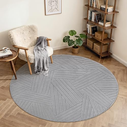 BEIMO Kurzflor Wohnzimmerteppich Rund 120CM, Flauschiger Langflor rutschfest Boho Hellgrau Teppich mit 3D Optik, Waschbarer Moderner Teppich für Schlafzimmer, Küche&Flur