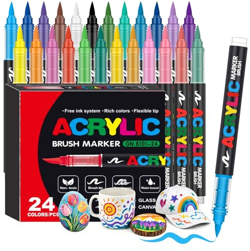 Melifluo 24 Rotuladores Acrílicos Punta Pincel - Marcadores Permanentes para Piedras, Tela, Vidrio, Madera, Cerámica, Lienzo y Papel - Pintura Acrílica de Secado Rápido para Lettering y Manualidades