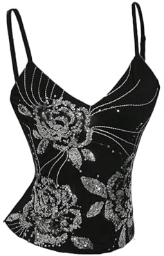 BEAUDRM Women's Floral Sequin Camisole Y2k Sparkle V Neck Spaghetti Strap Sleeveless Cami Crop Tops Party Clubwear Black Large