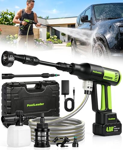 PoolLeader Hidrolimpiadora Bateria de Alta Presion, 50Bar Sin Escobillas Pistola de Agua a Presión con 4 Niveles Potencia & Pantalla LCD, Boquilla Ajustable 6 en 1 Hidrolimpiadora Portatil para Coche