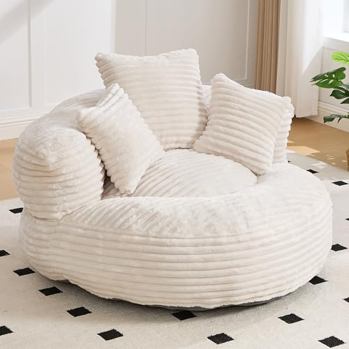 Yihomfy Pouf Salon & Chambre en Velours Côtelé,Canapé Pouf,Fauteuil Pouf Cocooning, Fauteuil Pouf Lazy Sofa Durable Comfort Lounger à Dossier Haut avec Trois Coussins,Fauteuil Bubble,B-Beige
