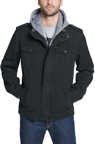 Levi's Men's Washed Cotton Military Jacket with Removable Hood (Standard and Big & Tall), Black, Large