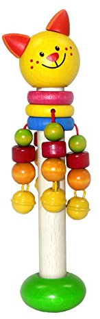 Hess Holzspielzeug 14668 - Schellenstab aus Holz mit Glöckchen, Perlen und Ringen, Serie Katze, handgefertigt, für Greifübungen und fröhlichen Rassel-Spaß