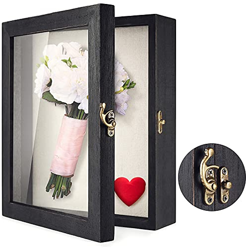 TJ.MOREE Scatola ombra per fiori 25 x 20cm Vetrina Cornice per foto con porta finestra in vetro Bouquet da sposa Memorabilia Medaglie Foto militari Scatola di memoria per ricordi - Nero rustico