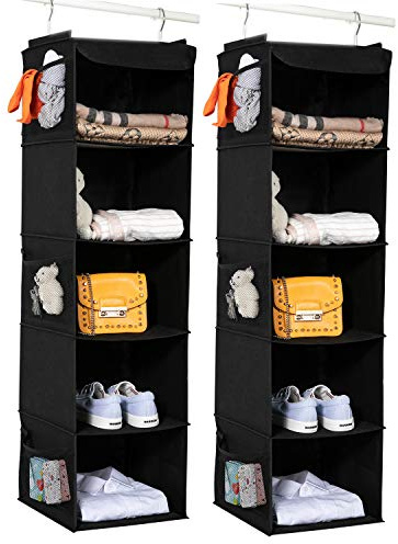 BrilliantJo 2 Pack Hanging Closet Organizer, 5 Shelves Hanging Storage with 6 Side Pockets for Clothes Shoes, 43x12x12(Black)