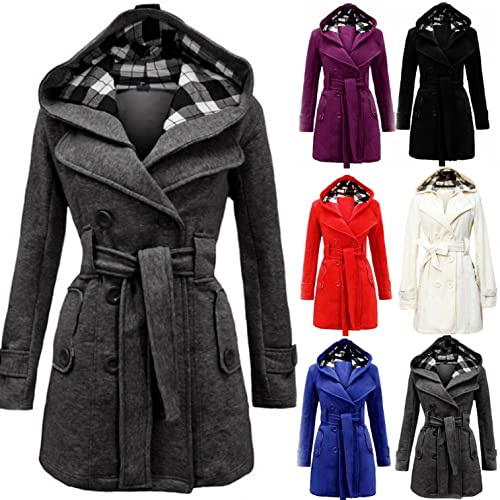 Trenchcoat dam lång med huva vinterjacka dam elegant enfärgad slag varm fodrad dubbelknäppt rock med bälte höst och vinter lång kappa lätt utomhusjacka vindjacka parkas, svart, L