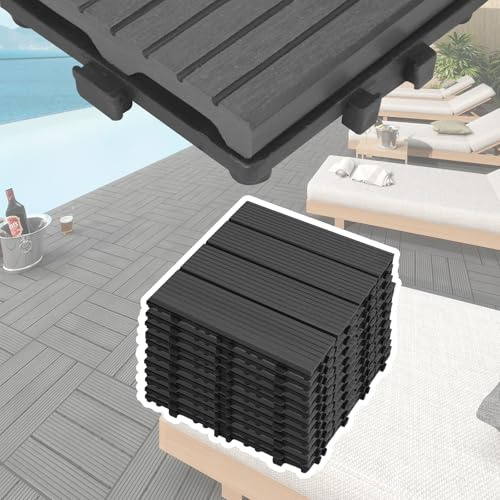 UISEBRT 22 piastrelle per pavimenti in WPC, effetto legno, per balcone, terrazza, in plastica, a clic, per giardino (30 x 30 cm, antracite)