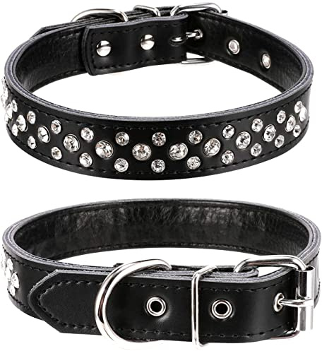 Haoyueer Strass hundhalsband justerbart, glittrande kristall dubbat äkta läder husdjur hundhalsband för små och medelstora hundar (L, svart)
