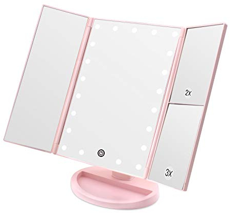WEILY Sminkspegel med belysning, vikbar sminkspegel med 1 X/2 X 3 x förstoring, sminkspegel med touch-belysning, bordsspegel stöd USB och batteri (rosa)