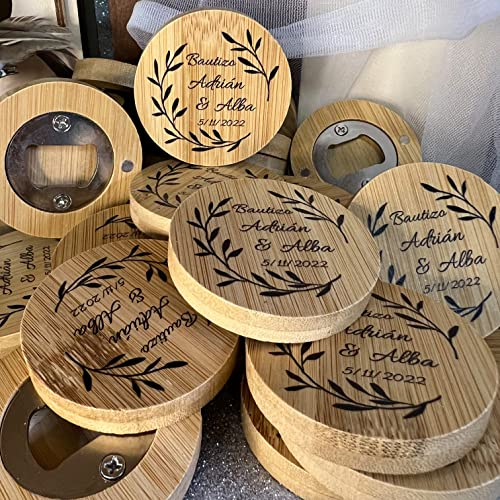 Uvimark - Set de 12 Abrebotellas de Bambú con Imán - Regalo Personalizado - Regalos Originales - Regalos Enamorados, Parejas - Detalles de Boda, Comunión, Bautizo