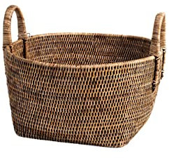 H&H Cesto Tondo Con Manici in Rattan Naturale Marrone, 39xH20 Cm, Perfetto Per Soggiorno, Camera, Come Portagiochi, Porta Coperte, Porta Legna, rende l'Ambiente Caldo e Accogliente