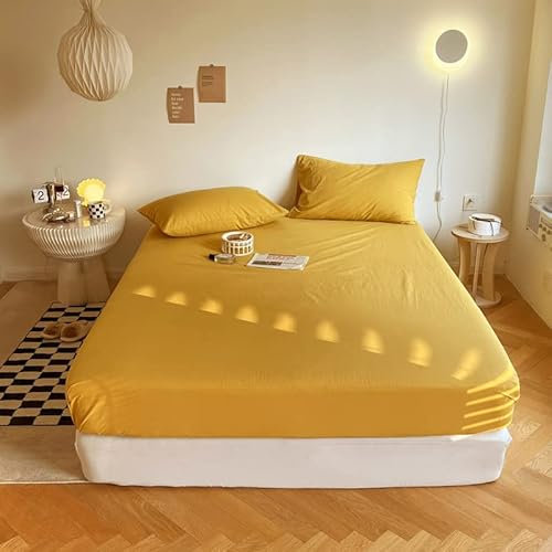 Sedefen Jersey Premium Spannbettlaken 160x200cm Boxspringbett Topper Mikrofaser Superweiches Leintuch Bettlaken Spannbetttuch Gelb Senfgelb für Matratze bis 30 cm hohe