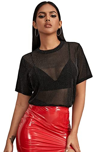 GORGLITTER Women's Sheer Mesh Glitter T Shirts Summer Tops Short Sleeve See Through Sexy T Shirts Clubwear Black M