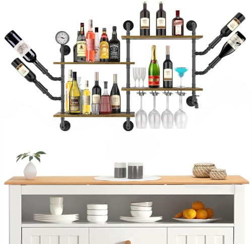 uyoyous Weinregal Wand mit Glashalter, Metall Barschrank Hängendes Weinschrank Wandmontage Barregale Retro Weinständer Flaschenregal Schweberegal Rohrregal Wand Bar 100 x 75cm