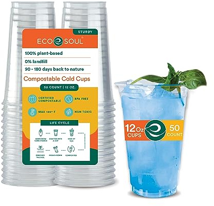 ECO SOUL 50 Compostable Clear Plastic Cups 12 Oz (350 ml) - Eco-Friendly Disposable Cups for Parties, Iced Coffee, Smoothies, Beer & Cold Drinks - Plant-Based, Biodegradable, Recyclable