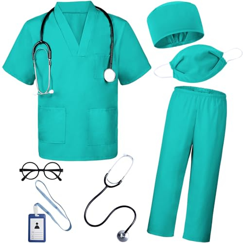 BOMLY Doctor Costume for Kids 7Pcs Toddler Nurse Scrubs Set With Halloween Dress Up Costumes for Boys and Girls Ages 3-11 (Green, 4T-5T)