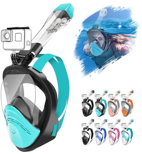 HINATAA Maschera integrale con snorkeling a 180°, design a doppia palla galleggiante, anti-perdite, sistema di respirazione completamente asciutta, anti appannamento, per snorkeling, set per adulti e