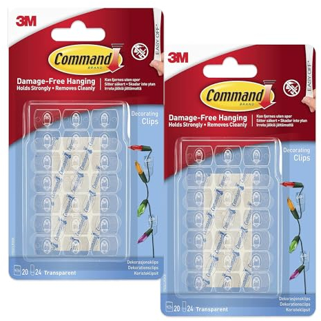 High Vibrant | Command Decorating Clips Pack of 20 Mini Hooks and 24 Small Strips x 2 Pack, Transparent - Hanging Clips for Christmas Decorations and Fairy Lights, Wall Adhesive - Damage Free (2)