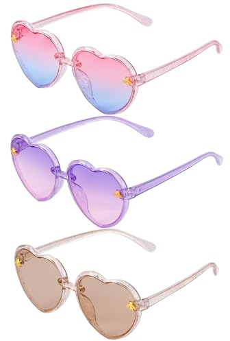 obmwang 3 Pieces Kids Heart Shaped Sunglasses Stylish Cute Bee Sunglasses for Toddler Girls Age 3-10 Outdoor Beach Eyewear, UV400 Protection