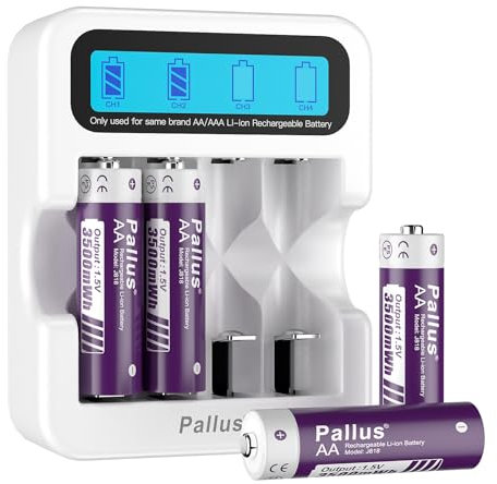 Rechargeable AA Lithium Batteries, High Capacity 3500mWh, 2 H Fast Charge with 4-Slot LCD Charger, Double A Rechargeable Batteries, 1500+ Cycles, for Controls, Toys, Microphones, Camera (4 Pack)