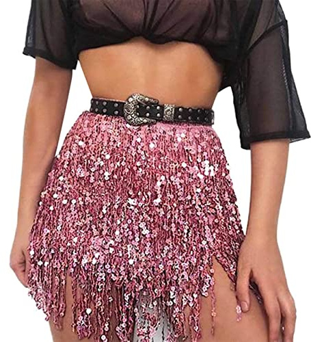 CocMouse Women's Sequin Tassel Skirts Sparkly Fringe Belly Dance Performance Short Skirt Hip Scarf Rave Party Costume (Pink, ONE Size)