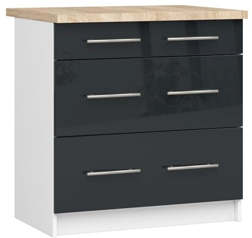 AKORD | Küchenschrank mit Arbeitsplatte - Oliwia S80 | Küchenunterschrank mit 3 Schubladen | Unterschrank Küche 80 cm Breit | ABS-Kante 18 mm | 46 x 80 x 85 cm | Weiß & Graphit glänzend