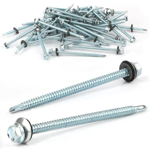 Pack of 25 Self-Tapping Screws 6.3 x 100 mm Trapezoidal Sheet Metal Screws Screws with Seal Drilling Screws Roof Screws with Sealing Disc Spengler Screws Self-Tapping (Silver)
