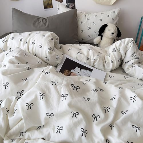 Covebett Copripiumino Singolo Bianco Nero con Fiocco Set Biancheria da Letto in Microfibra per Bambine Ragazze, Graziosa Copertura Piumone Estetica con Fiocchetto 135 x 200 cm e 1 Federa 50 x 75 cm