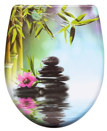 eSituro Toilettendeckel, WC Sitz mit Absenkautomatik, Klodeckel mit Schnellverschluss, 360° verstellbaren Scharnieren, Klobrille aus Duroplast, Druck mit Steinen und Blumen