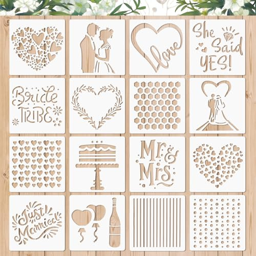16 plantillas de pintura, plantilla de decoración romántica para bodas, plantillas de dibujo para niños de plástico reutilizables, juego de plantillas para manualidades DIY, pintar sobre madera