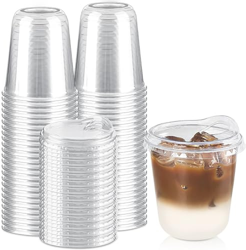 Qeirudu 12 Oz Round Bottom Clear Plastic Cups with Strawless Sip Lids, 50 Pack Disposable Iced Coffee Cups To Go Cups for Cold Drinks, Smoothie, Juice, Milkshake