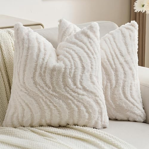 Ystyle Lot de 2 Housse de Coussin 40x40cm Peluche Douce, Taie d'oreiller Décorative Texture Ondulée 3D, Moderne Effet Fourrure pour Canapé Lit Salon, Lavable et Adapté aux Animaux, Blanc