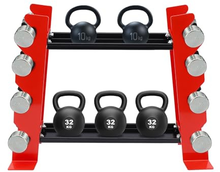 Utrymmesbesparande hantelställ hantlar upp till 150 kg, hantelställ av stål med 8 förvaringsfack och 2 hyllor, gymtillbehör för hemmagym, gym – röd/svart 71 x 20,5 x 53 cm