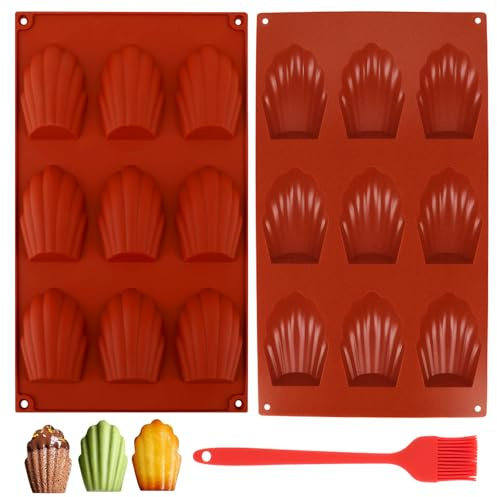 Lot de 2 Moule Madeleine Silicone, Silicone Moulle de Madeleines Cuisson à 9 Trous Forme de Coquille Antiadhésifs Madeleine Plaque Pâtisserie avec Brosse pour Gâteau, Chocolat, Muffin Rouge Brique