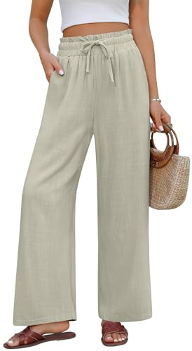 PASUDA Pantalones Mujer Verano Lino de Algodón Cómodos Ligero Pantalon Anchos Casual Cintura Alta Elástica Pantalones Rectos Fluido Pantalon con Bolsillos