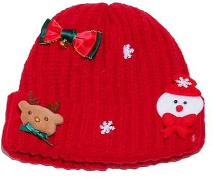 ZSKunity Christmas Reindeer Snowman Knit Hat, Festive Bow Bell Beanie, Holiday Theme Winter Cap, Multiple Colors (red,M（56-58cm）)