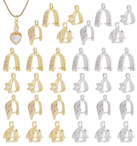 SUPERFINDINGS 32Pcs 8 Styles Brass Pendant Pinch Bails Rhinestone Ice Pick Pinch Bails Leaves Pendant Charms Clasps Snap On Jewelry Clasp Bails for Necklaces Jewelry DIY Craft Making