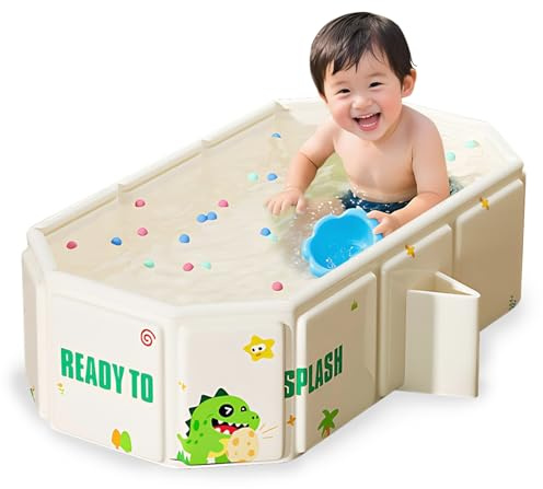 Bañera Plegable para Bebés, Ducha Portátil Incluye 5 Pelotas y 4 Patos Bañera Grande con Tapón de Drenaje para Bebés de 0 a 8 Años, White