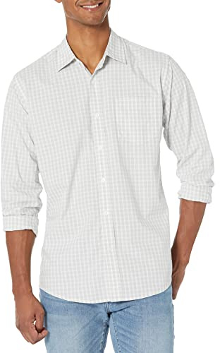 Amazon Essentials Camisa Informal de Popelina con Manga Larga y Corte Recto Hombre, Gris Claro Blanco A Cuadros, M