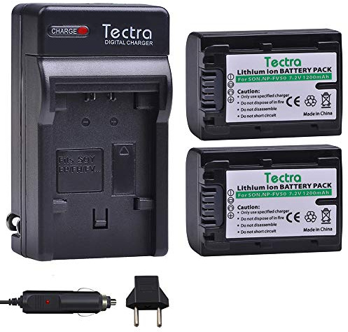 Tectra 2-Pack NP-FV50 Battery and Charger Kit for Sony NP-FV30 NP-FV40 NP-FV50 & Sony FDR-AX53 HDR-CX230 HDR-CX220 CX330 CX380 CX455 CX900 CX430V TD30V FDR-AX100 Handycam Camcorder