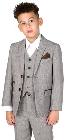 Boys Tweed Textured Retro Suit Tailored Fit 3 Piece Wedding Outfit Set in Cream & Grey, Age 8 Years