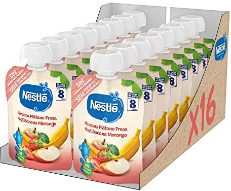 Nestlé Papillas Bolsita Puré Manzana, Plátano Y Fresa, A Partir De Los 8 Meses, 90 G - Pack 16 bolsitas 90g