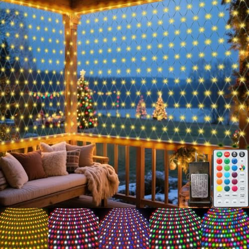Filet lumineux de Noël RVB à changement de couleur, 4,5 x 1,5 m, 240 LED pour extérieur, branchement connectable, étanche, décoration d'Halloween 4 juillet