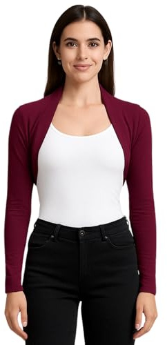 STAR FASHION Womens Long Sleeve Shrug Bolero Cardigan Ladies Cropped Open Front Lightweight Summer Cover Up Top Mini Blouse Jacket Wine 12-14