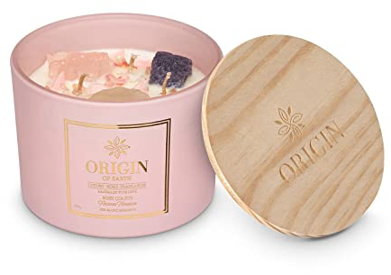 ORIGIN OF EARTH extra große Duftkerze im Glas 340g, Duftnote FOREVER FLORENCE, Kerze mit Kristallen und Edelstein, Natürliche Sojawachskerze, 40-50 Stunden Brenndauer, blumig-fruchtiger Duft