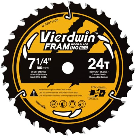 Vierdwin 7-1/4 Inch Circular Saw Blade with 5/8 Inch Arbor – 24 Teeth, Precision Wood Cutting Blade, Ideal for Softwood, Hardwood, and More (1 PC)