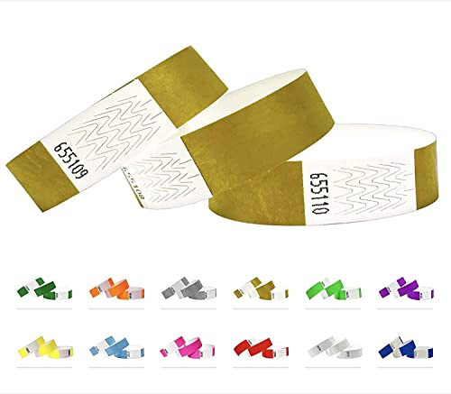 Tyvek - 500 nastri di ingresso per feste, nastri di sicurezza, braccialetti festival, nastri di controllo per il tuo evento (oro)