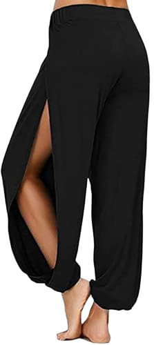 STAR FASHION Womens Long Side Slit Loose Harem Yoga Pants Heavy Viscous Plain Trousers Black SM