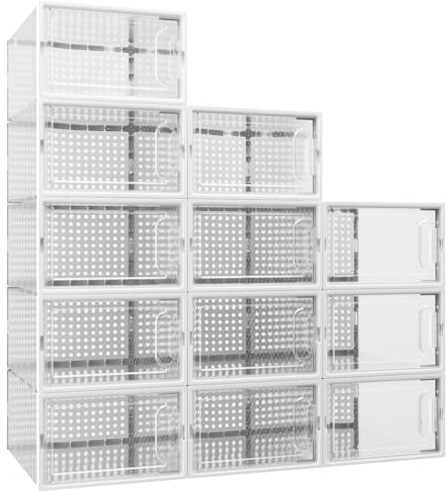 MYHMCT Schuhboxen, 12er Pack Schuhboxen Stapelbar, Schuhorganizer Schuhaufbewahrung, Schuhkarton mit Deckel für Schuhe bis Größe 44, Transparent-weiß