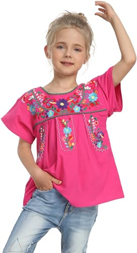 YZXDORWJ Mexican Blouse for Girls Traditional Embroidered Summer Short Sleeve Peasant Blouse for Kids (150, G69MR)